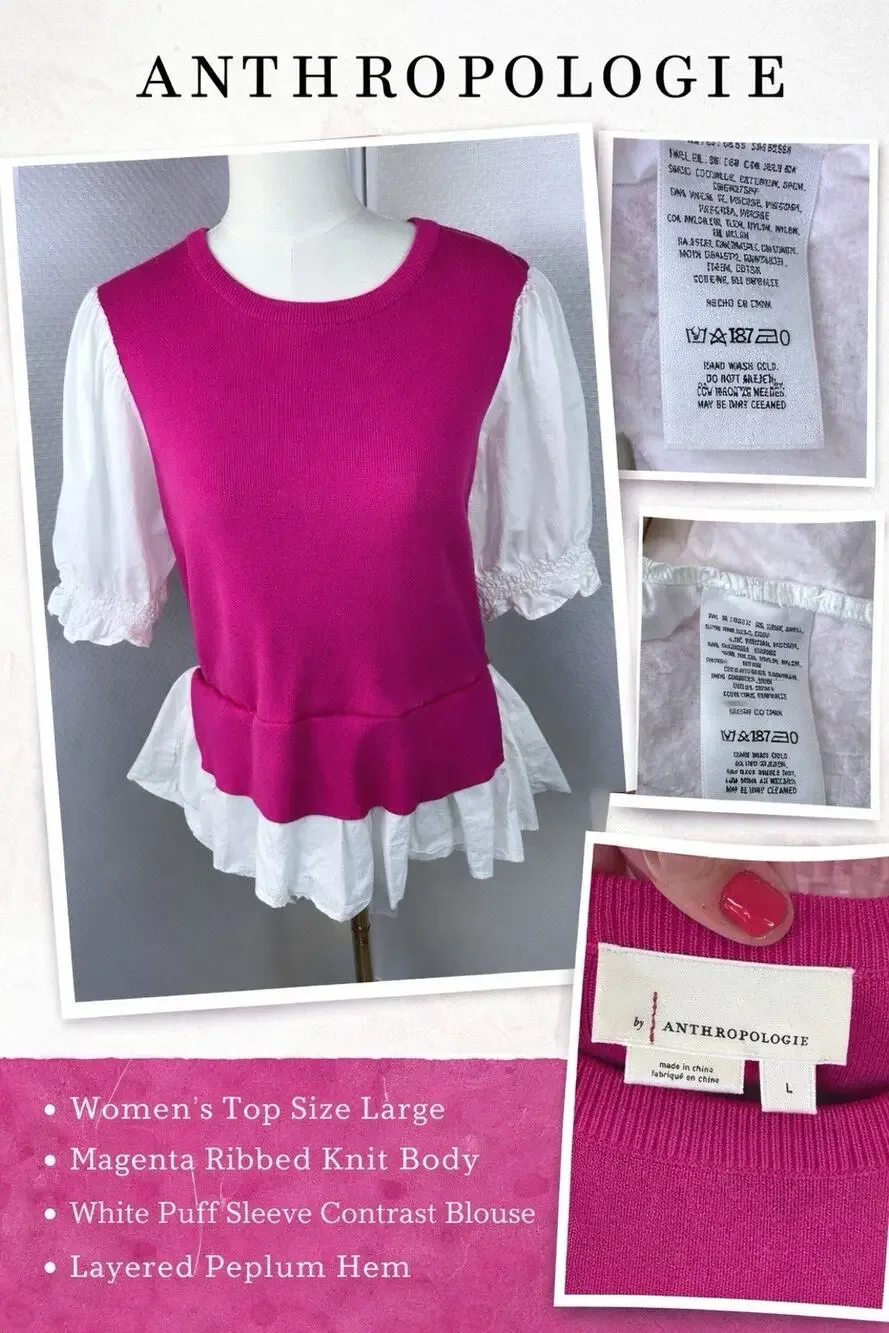 Anthropologie Pink Knit Peplum Top Large Puff Sleeve Cottagecore Coquette Blouse